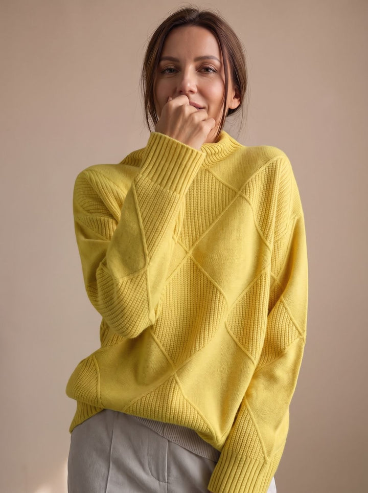 Damen Rollkragenpullover mit geometrischem Strickmuster Langarm - Gelb