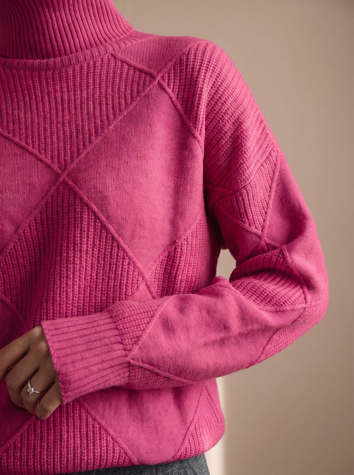 Damen Rollkragenpullover mit geometrischem Strickmuster Langarm