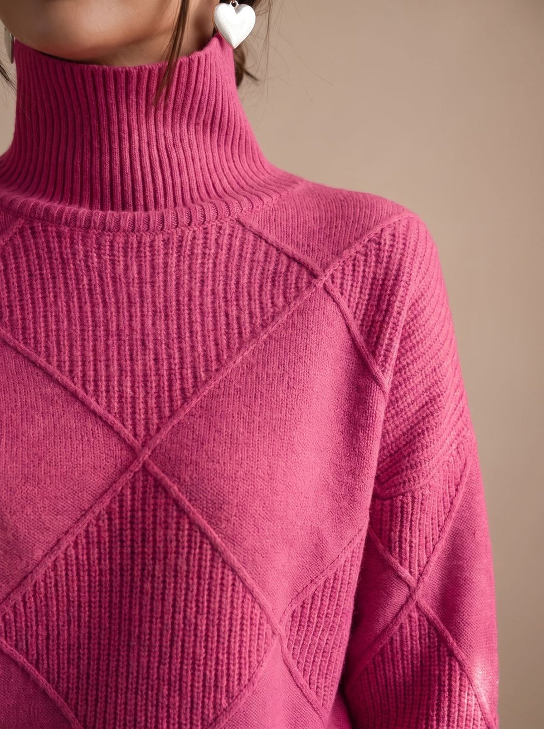 Damen Rollkragenpullover mit geometrischem Strickmuster Langarm