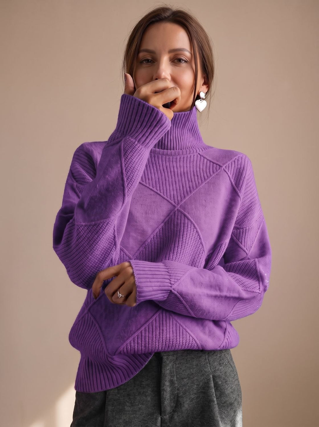 Damen Rollkragenpullover mit geometrischem Strickmuster Langarm - Violett