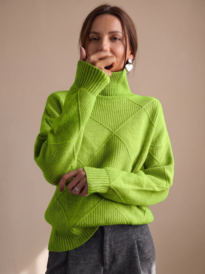 Damen Rollkragenpullover mit geometrischem Strickmuster Langarm - Grün