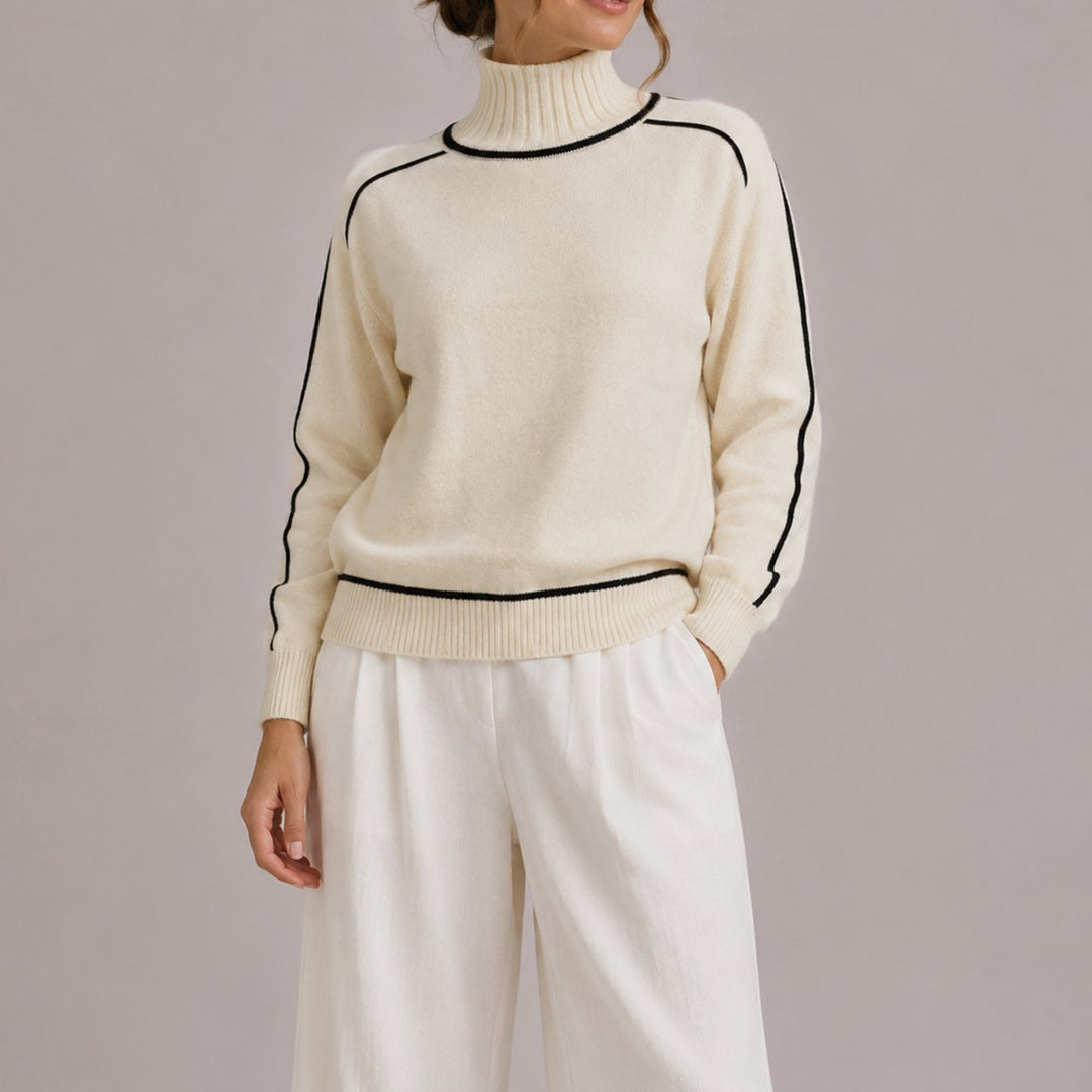 Damen Rollkragenpullover mit Kontraststreifen Relaxed-Fit Strickpulli - Beige