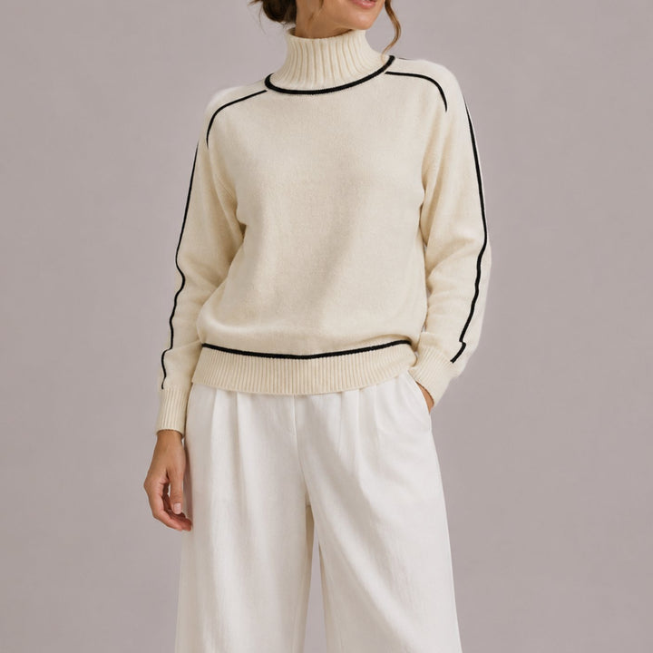 Damen Rollkragenpullover mit Kontraststreifen Relaxed-Fit Strickpulli - Beige