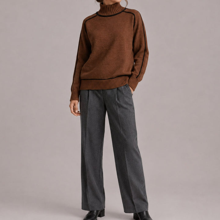 Damen Rollkragenpullover mit Kontraststreifen Relaxed-Fit Strickpulli - Braun