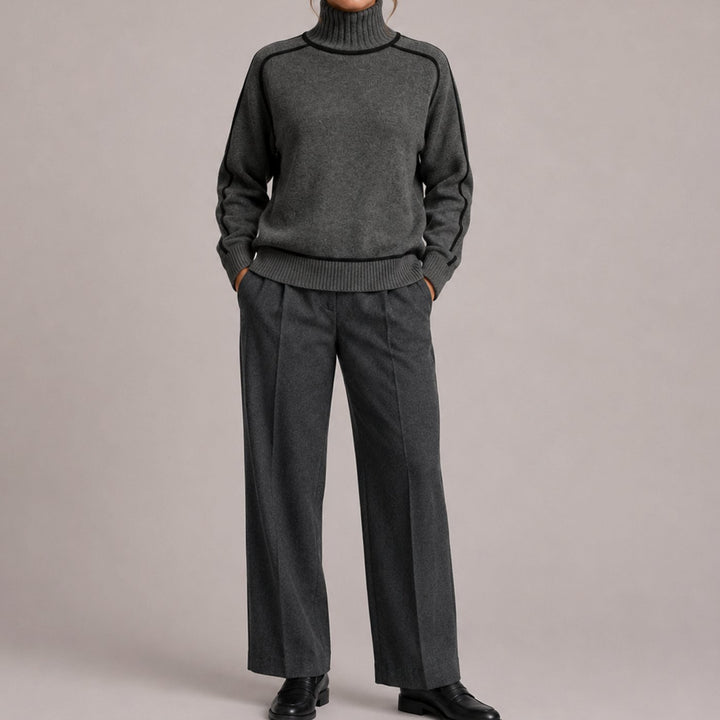 Damen Rollkragenpullover mit Kontraststreifen Relaxed-Fit Strickpulli - Grau