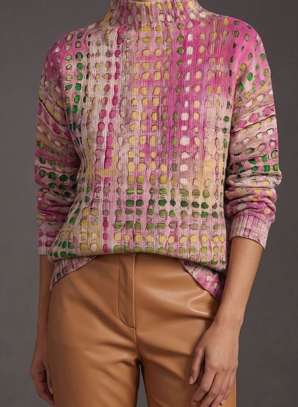 Damen Rollkragenpullover mit Punkte-Gitter-Muster Langarm