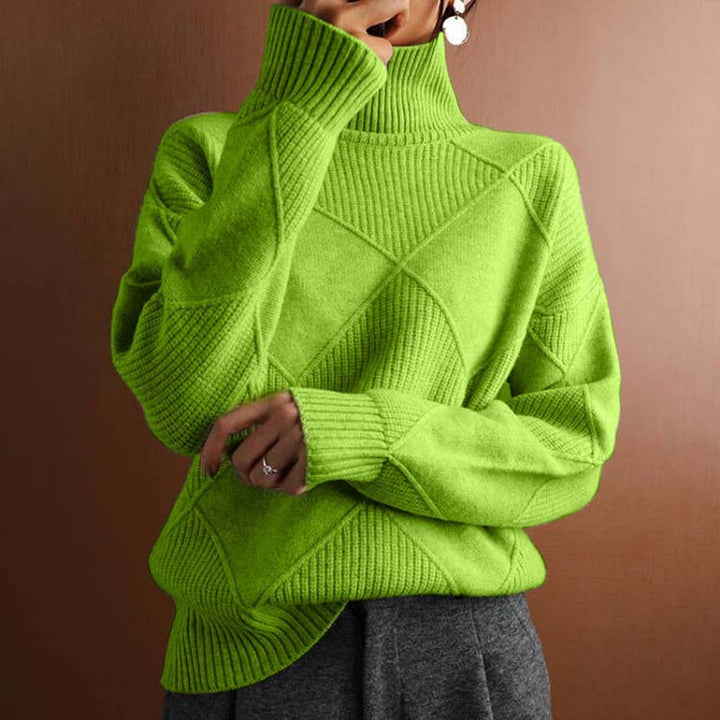 Damen Rollkragenpullover mit Rautenmuster Lässiger Strickpullover - Grün