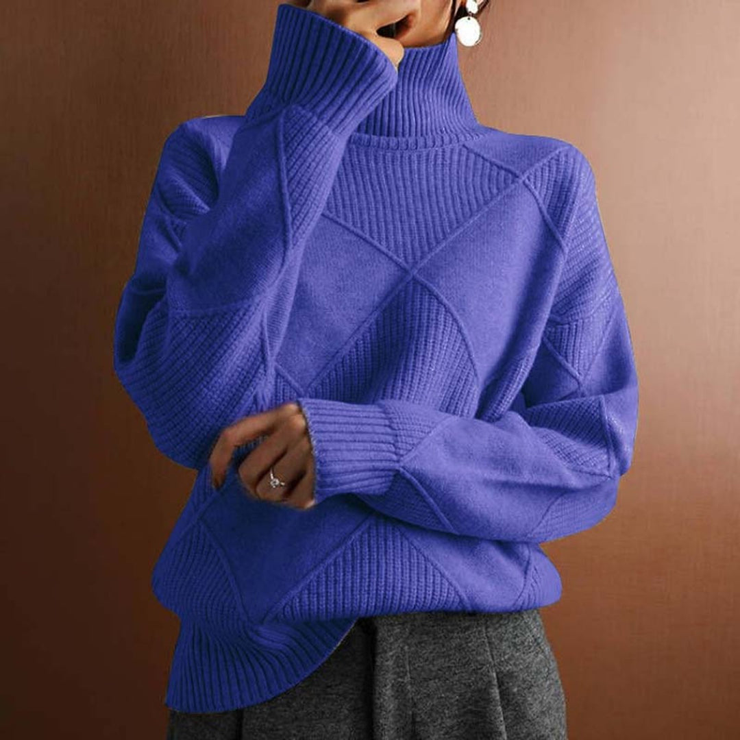 Damen Rollkragenpullover mit Rautenmuster Lässiger Strickpullover - Blau