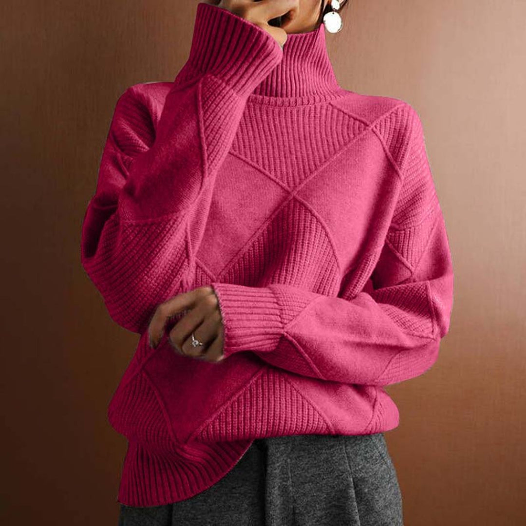 Damen Rollkragenpullover mit Rautenmuster Lässiger Strickpullover - Pink