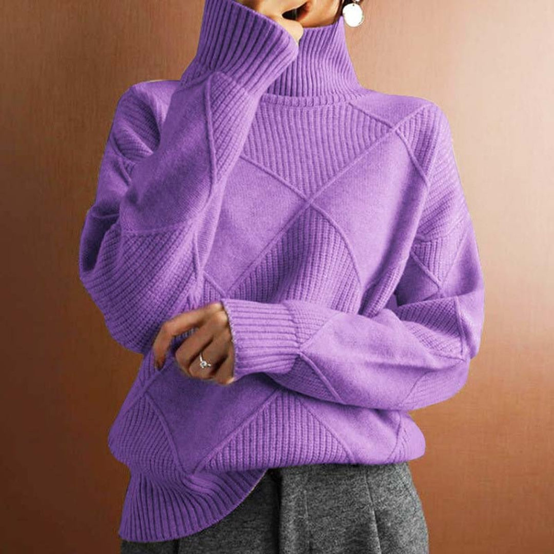 Damen Rollkragenpullover mit Rautenmuster Lässiger Strickpullover - Helllila