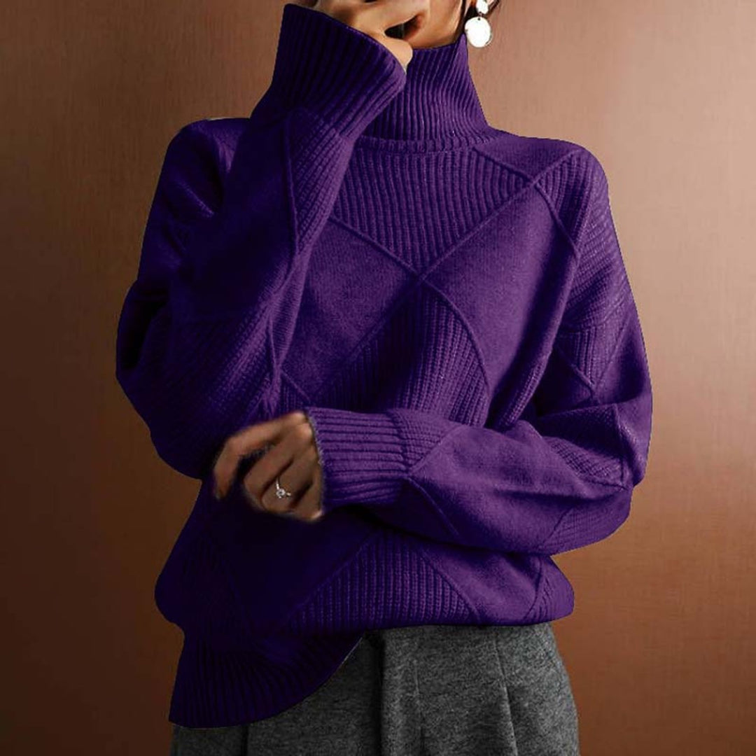 Damen Rollkragenpullover mit Rautenmuster Lässiger Strickpullover - Dunkellila
