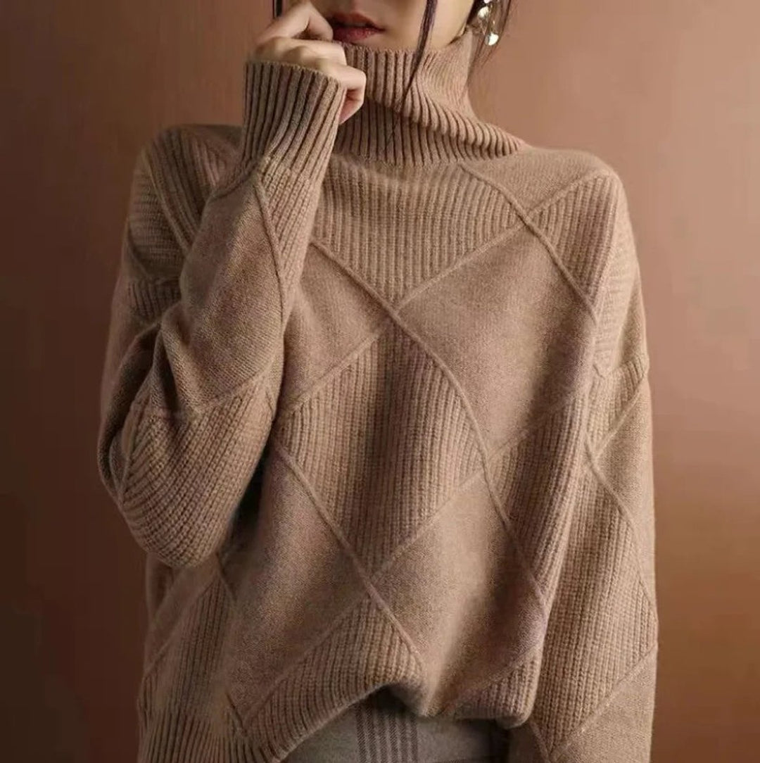 Damen Rollkragenpullover mit Rautenmuster Lässiger Strickpullover - Braun