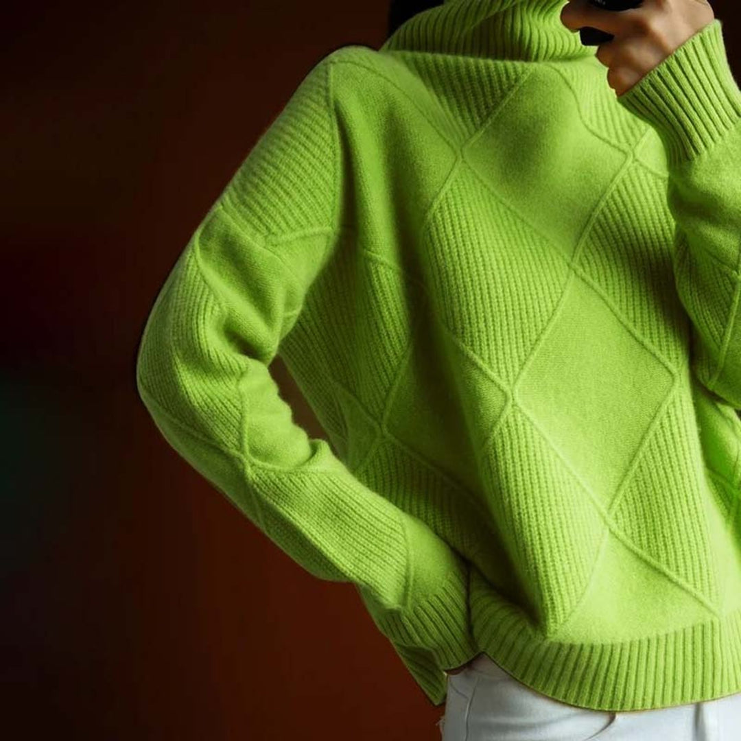 Damen Rollkragenpullover mit Rautenmuster Lässiger Strickpullover