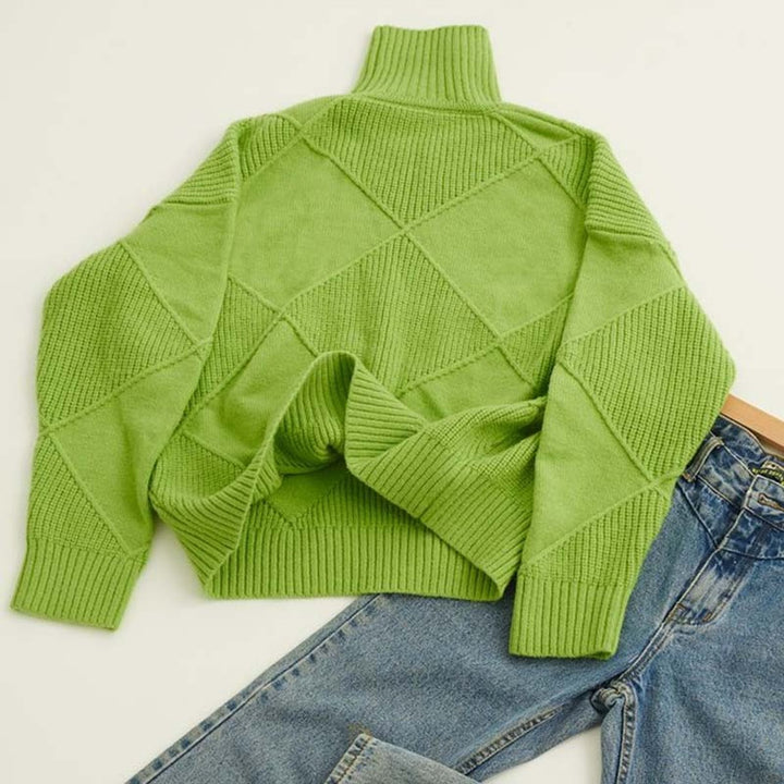 Damen Rollkragenpullover mit Rautenmuster Lässiger Strickpullover