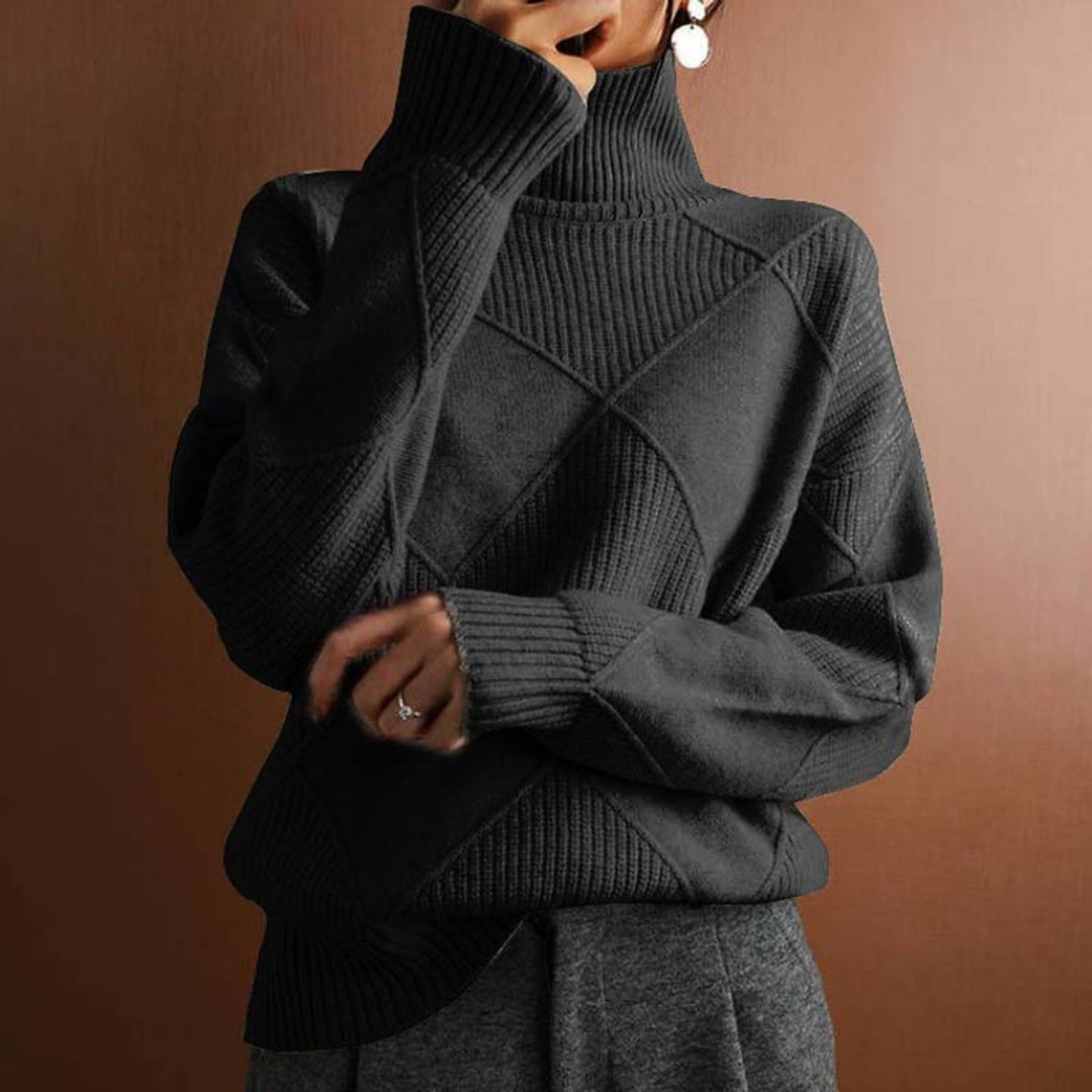 Damen Rollkragenpullover mit Rautenmuster Lässiger Strickpullover - Schwarz