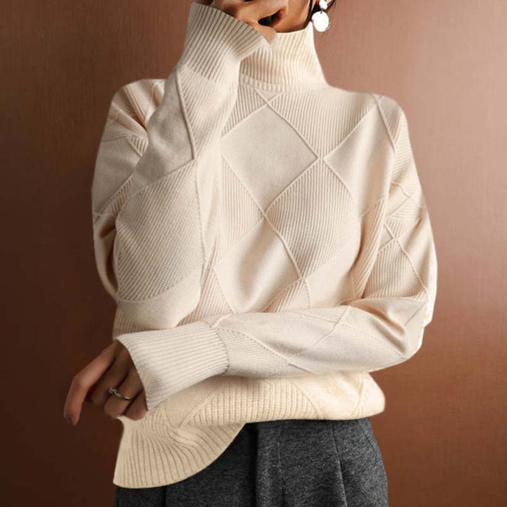Damen Rollkragenpullover mit Rautenmuster Lässiger Strickpullover - Beige