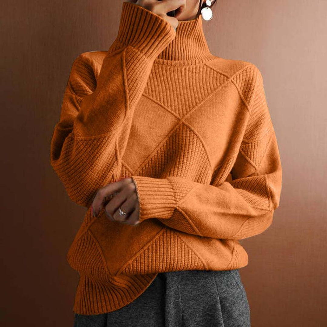 Damen Rollkragenpullover mit Rautenmuster Lässiger Strickpullover - Orange