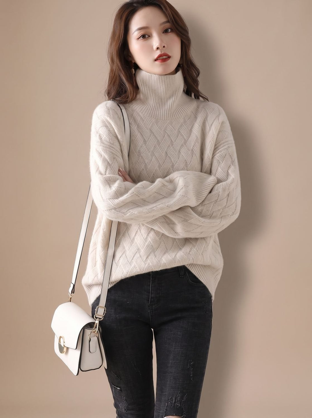 Damen Rollkragenpullover mit Strickmuster Oversized Winterpullover