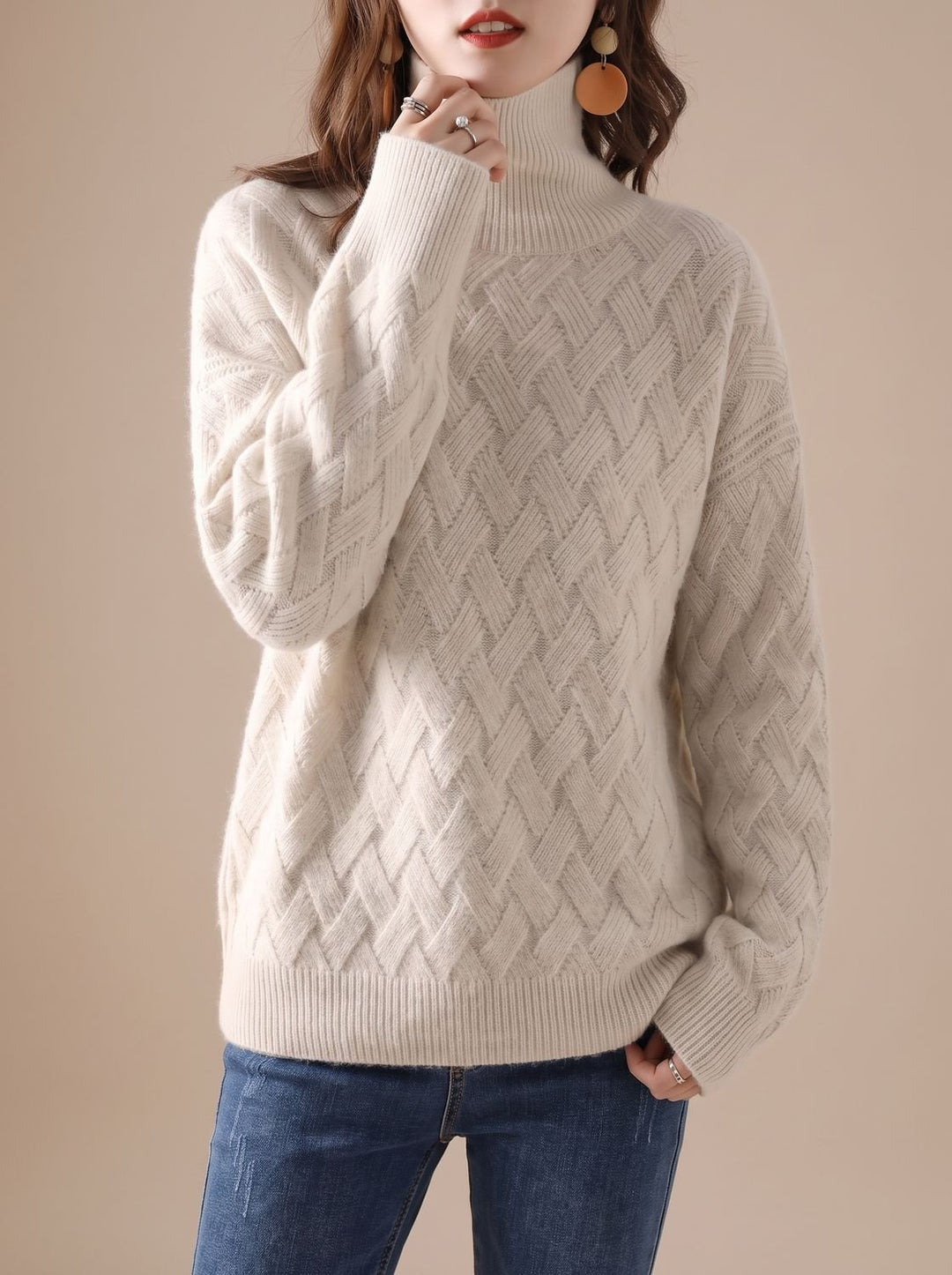 Damen Rollkragenpullover mit Strickmuster Oversized Winterpullover - Weiß