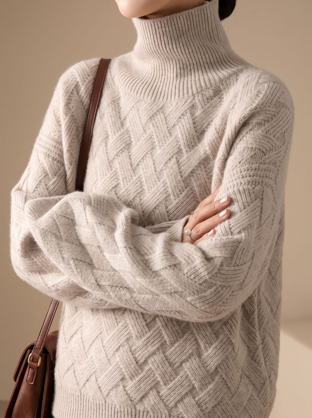 Damen Rollkragenpullover mit Strickmuster Oversized Winterpullover - Beige