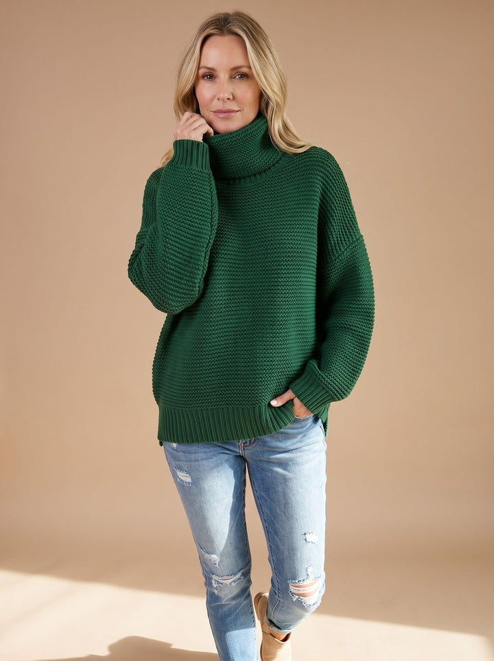 Damen Rollkragenpullover Oversize Grobstrick Langarm Winterpullover - Grün