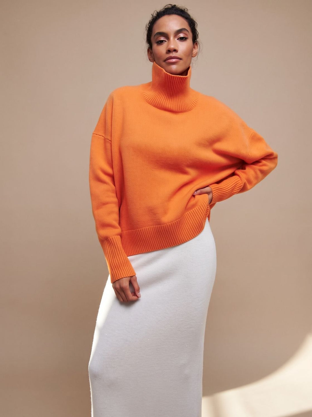 Damen Rollkragenpullover Oversize Lockerer Strickpullover - Orange
