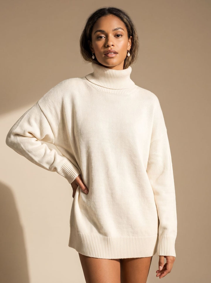 Damen Rollkragenpullover Oversize Lockerer Strickpullover - Weiß