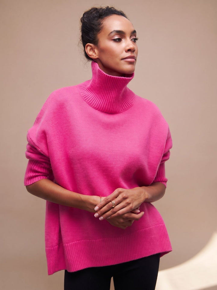Damen Rollkragenpullover Oversize Lockerer Strickpullover - Rosa