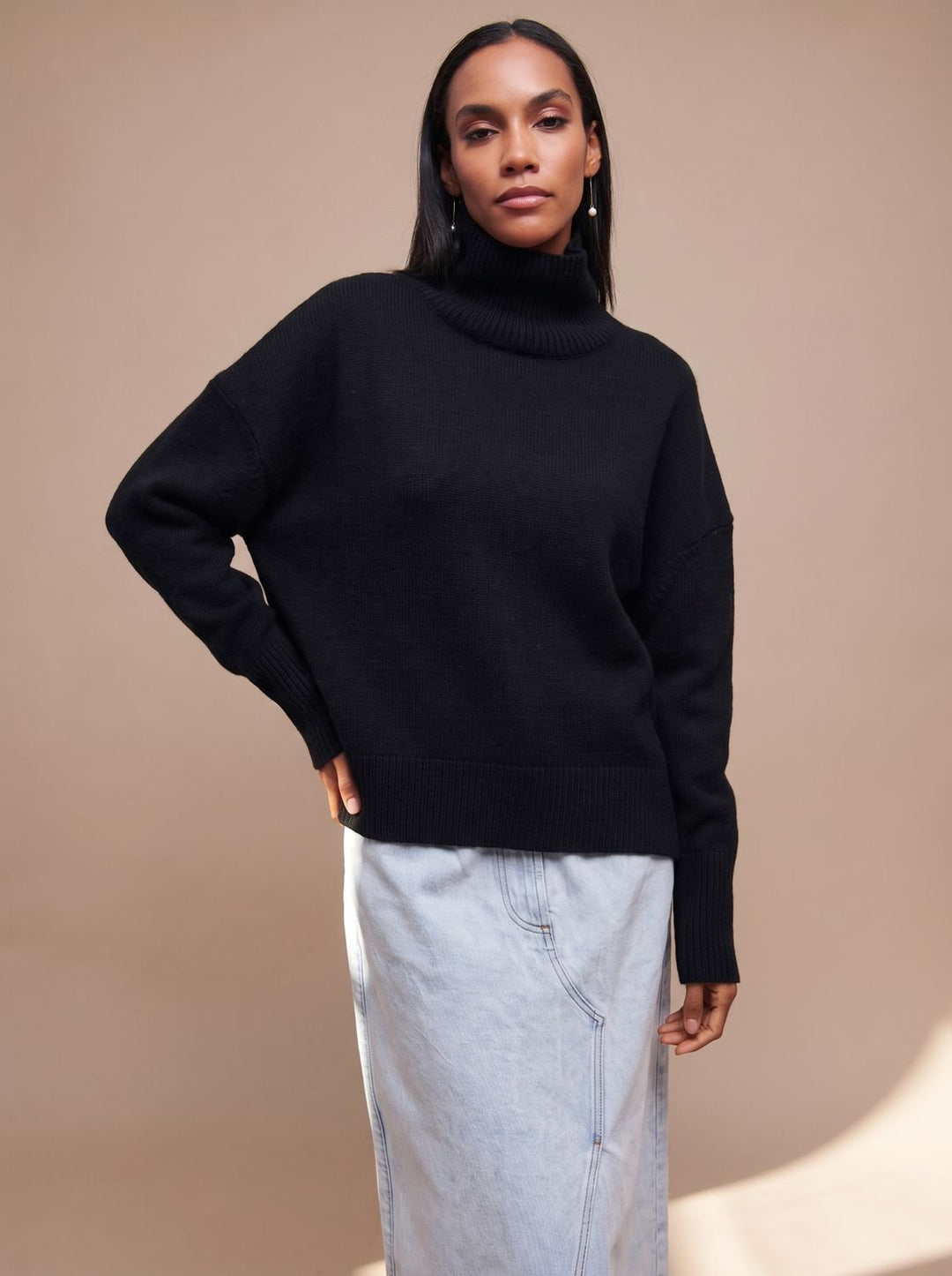 Damen Rollkragenpullover Oversize Lockerer Strickpullover - Schwarz
