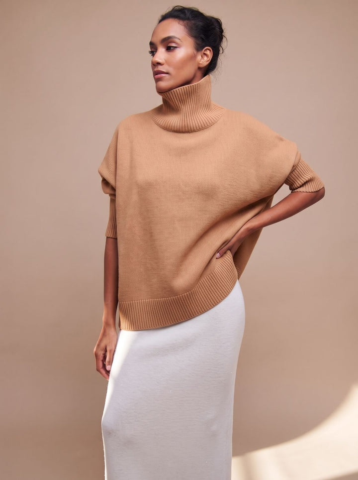 Damen Rollkragenpullover Oversize Lockerer Strickpullover - Hellbraun