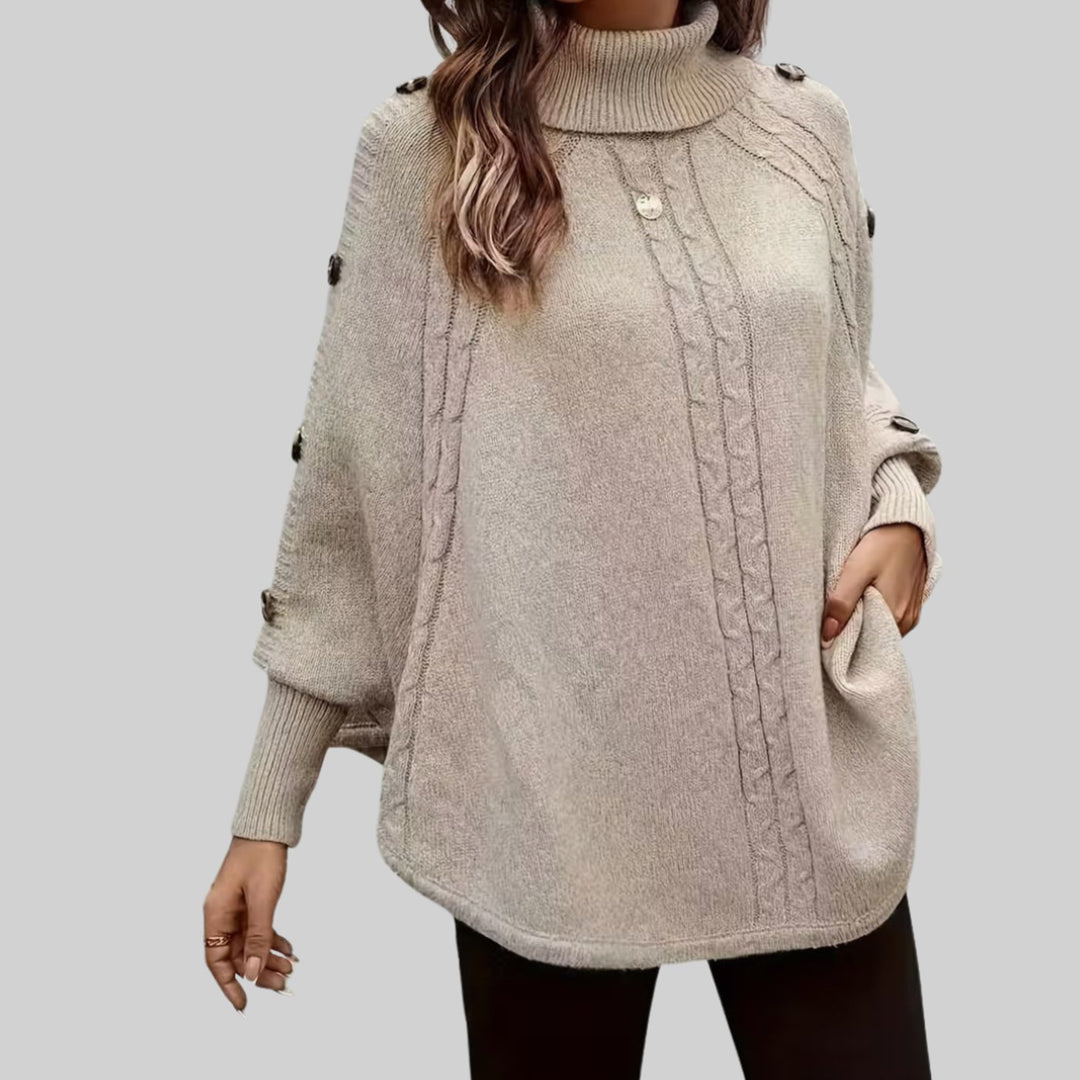 Damen Rollkragenpullover Oversized Zopfmuster Schulterknöpfe Fledermausärmel - Aprikose