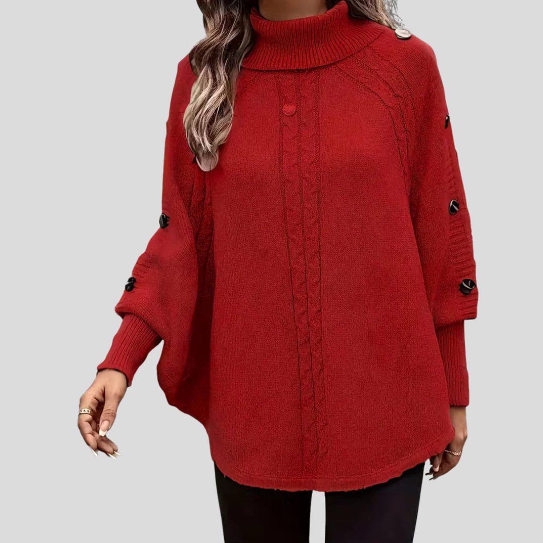 Damen Rollkragenpullover Oversized Zopfmuster Schulterknöpfe Fledermausärmel - Rot