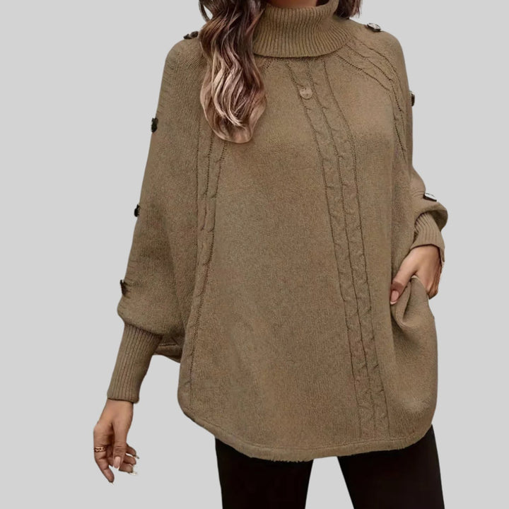 Damen Rollkragenpullover Oversized Zopfmuster Schulterknöpfe Fledermausärmel - Camel