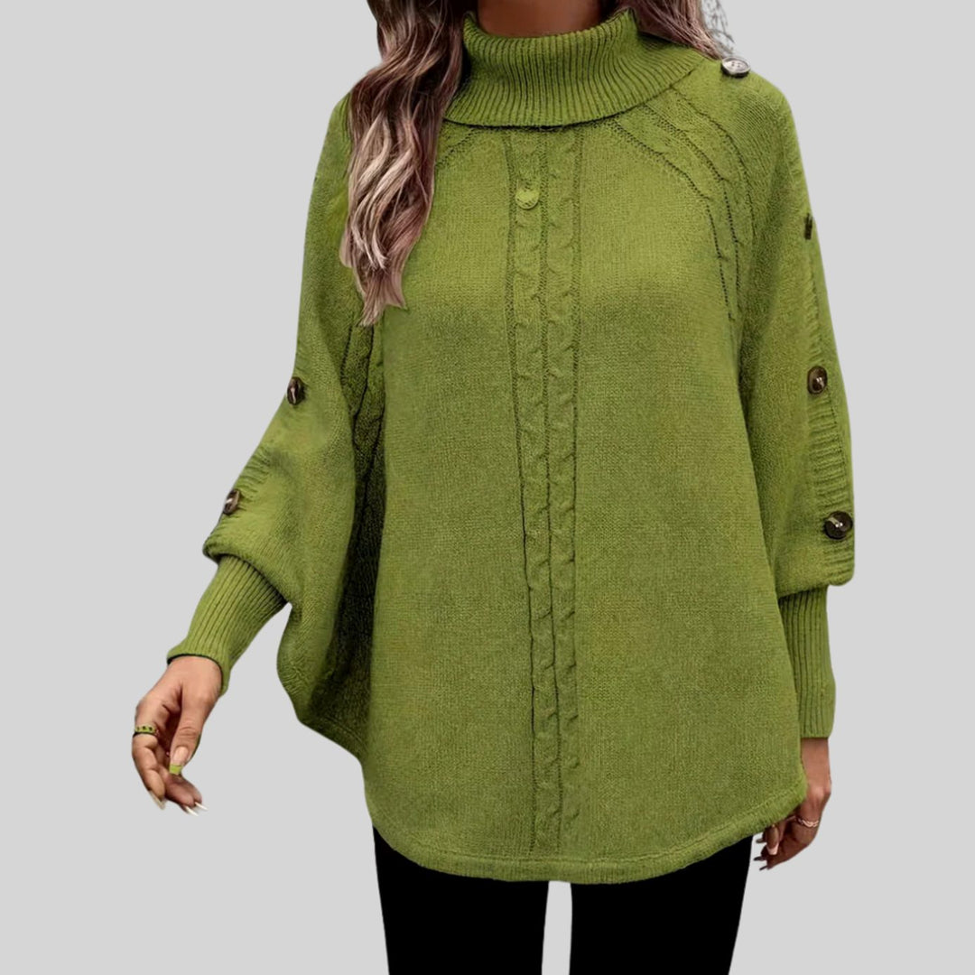 Damen Rollkragenpullover Oversized Zopfmuster Schulterknöpfe Fledermausärmel - Grün