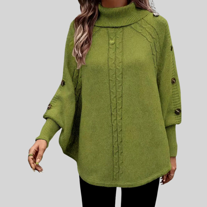 Damen Rollkragenpullover Oversized Zopfmuster Schulterknöpfe Fledermausärmel - Grün