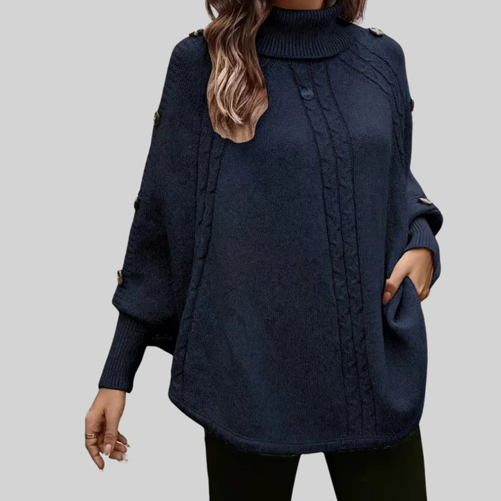 Damen Rollkragenpullover Oversized Zopfmuster Schulterknöpfe Fledermausärmel - Blau
