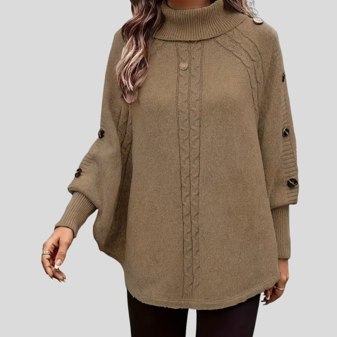 Damen Rollkragenpullover Oversized Zopfmuster Schulterknöpfe Fledermausärmel