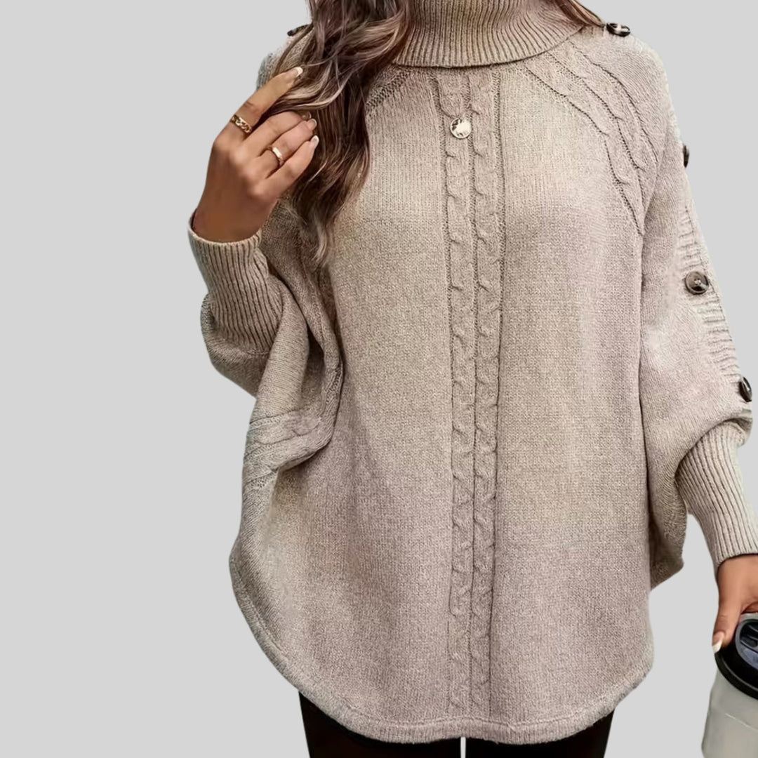 Damen Rollkragenpullover Oversized Zopfmuster Schulterknöpfe Fledermausärmel
