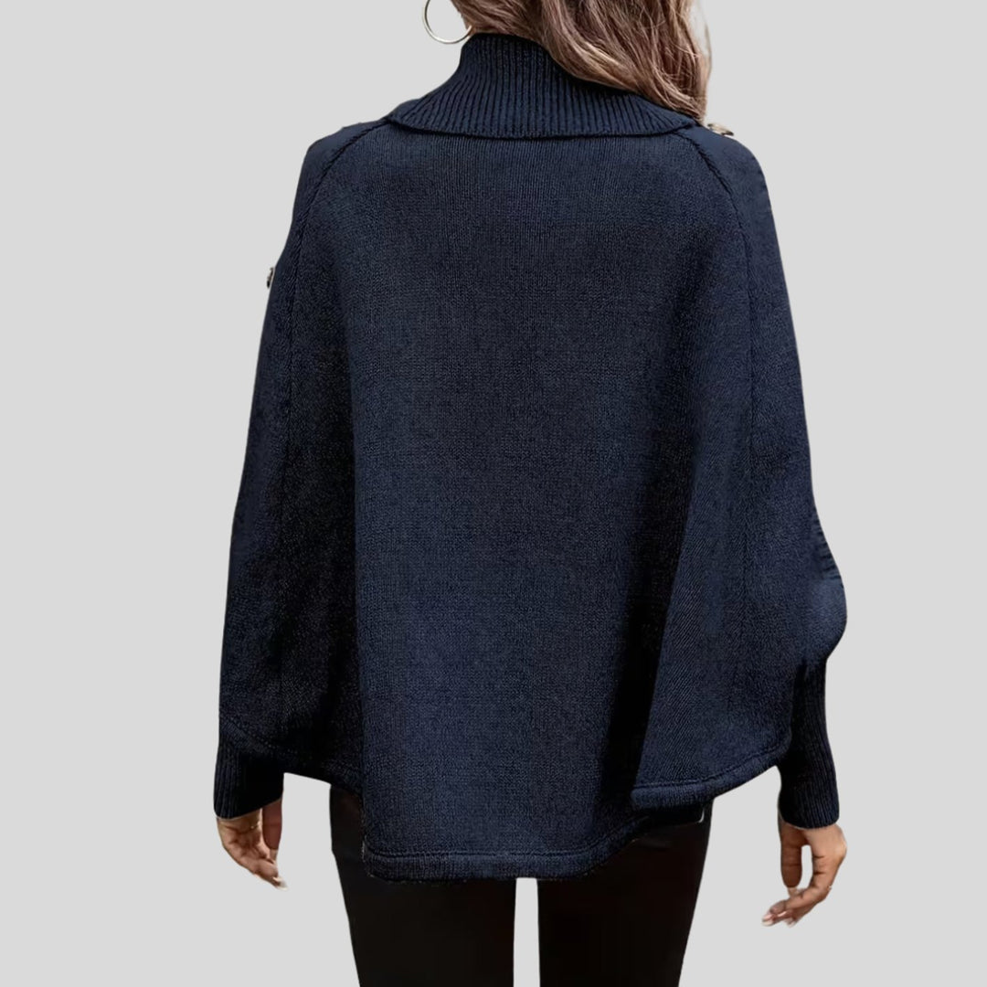 Damen Rollkragenpullover Oversized Zopfmuster Schulterknöpfe Fledermausärmel