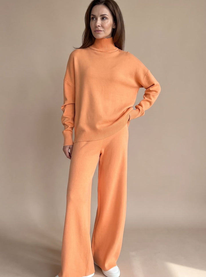 Damen Rollkragenpullover Set Oversize Strickpulli Weithose 2-teilig - Orange