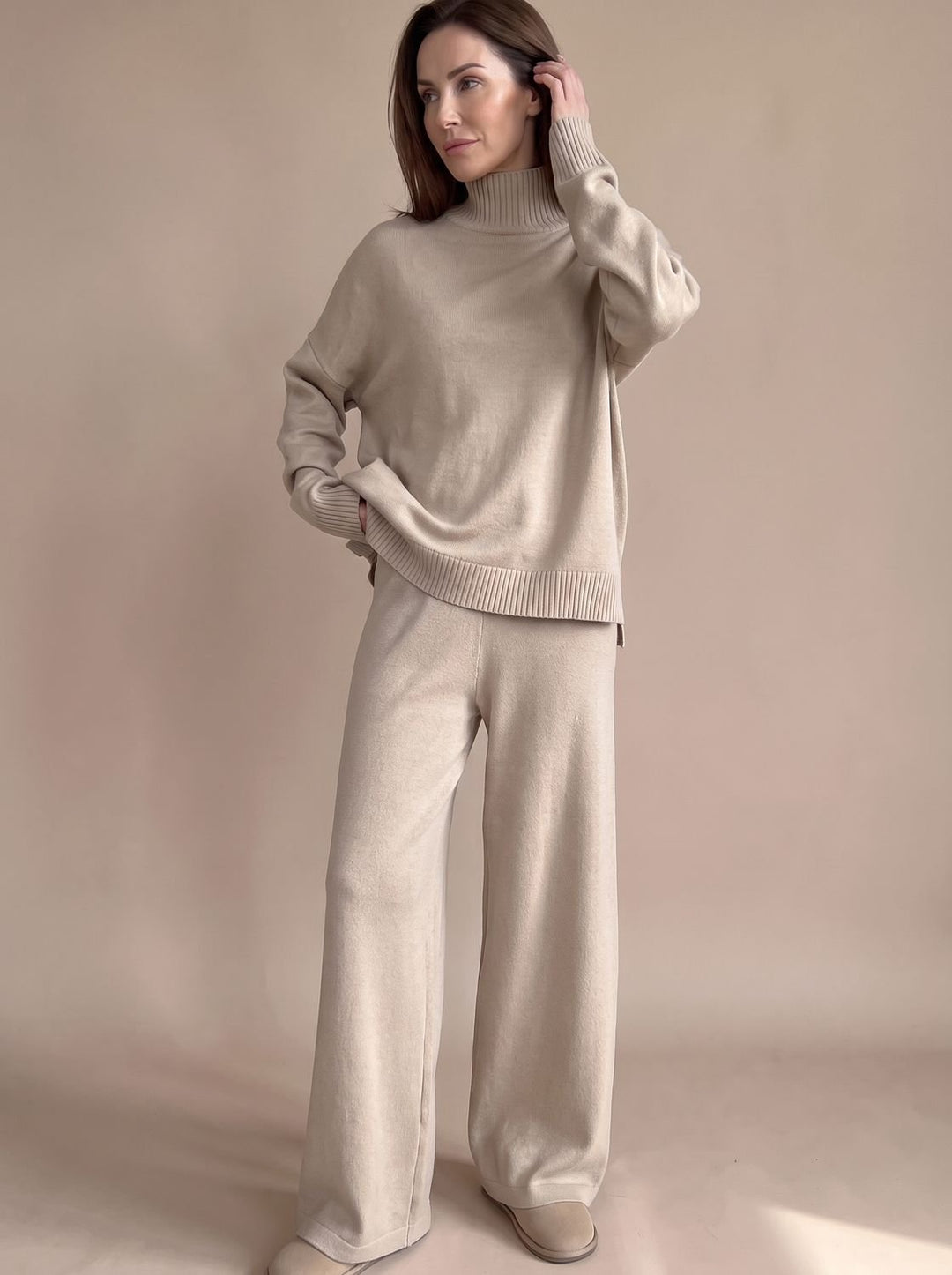 Damen Rollkragenpullover Set Oversize Strickpulli Weithose 2-teilig - Braun