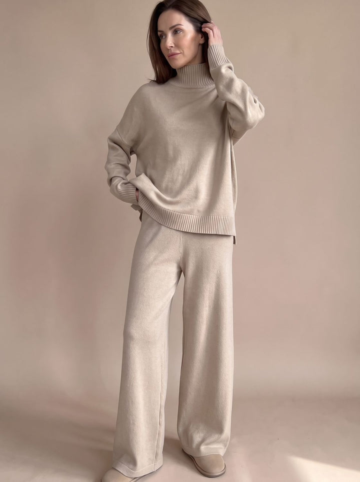 Damen Rollkragenpullover Set Oversize Strickpulli Weithose 2-teilig - Braun
