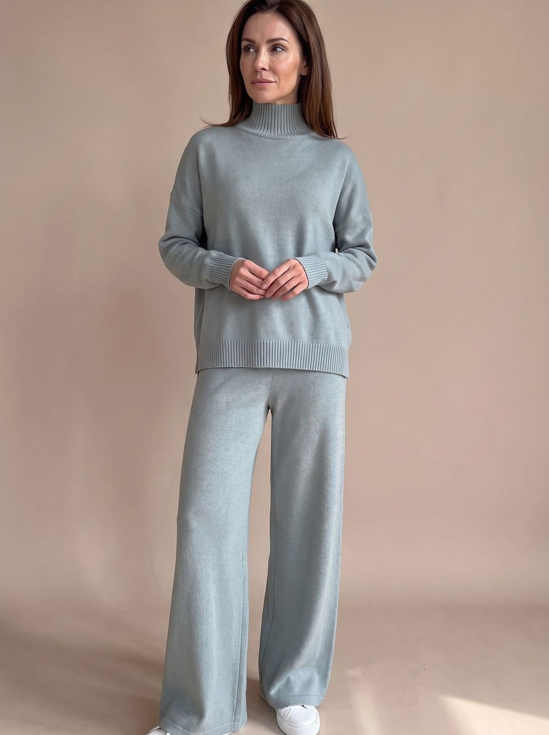 Damen Rollkragenpullover Set Oversize Strickpulli Weithose 2-teilig