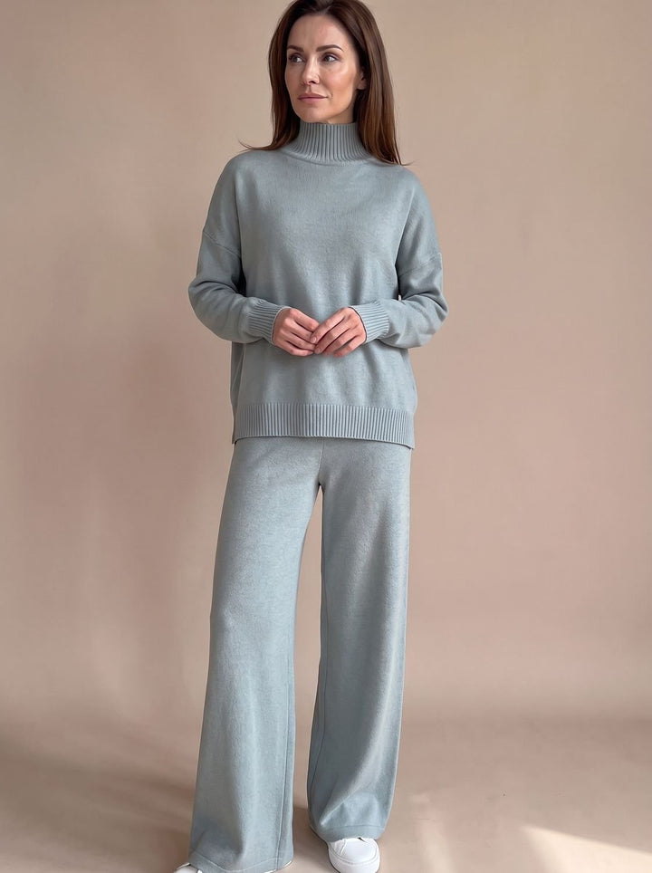 Damen Rollkragenpullover Set Oversize Strickpulli Weithose 2-teilig