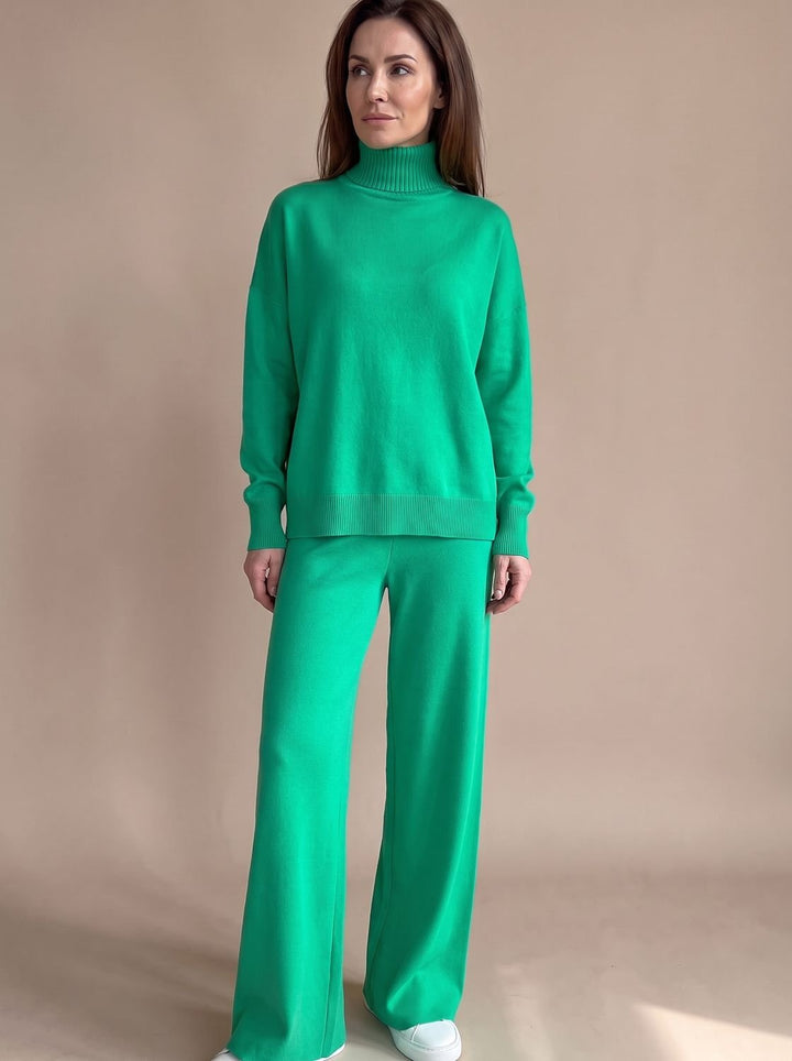 Damen Rollkragenpullover Set Oversize Strickpulli Weithose 2-teilig - Grün