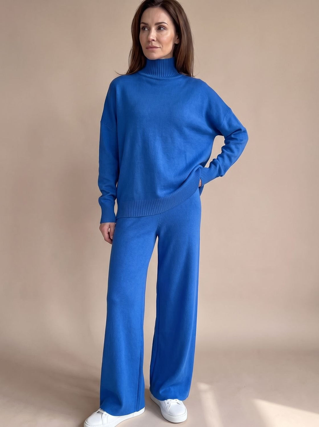 Damen Rollkragenpullover Set Oversize Strickpulli Weithose 2-teilig - Blau