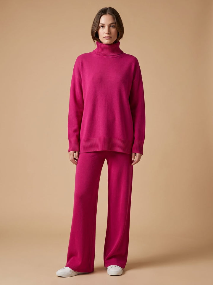 Damen Rollkragenpullover Set Oversize Strickpulli Weithose 2-teilig