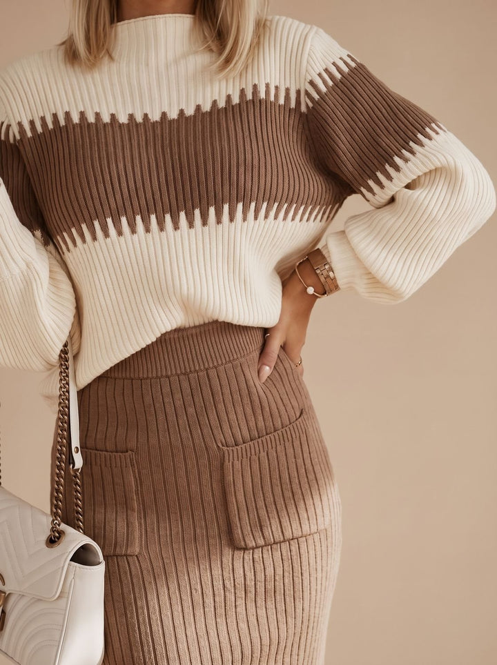 Damen Rollkragenpullover Set Zweiteiliges Twinset mit Geschlitztem Midi-Strickrock - Schwarz