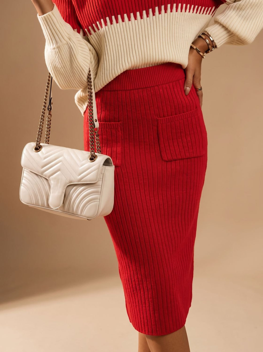 Damen Rollkragenpullover Set Zweiteiliges Twinset mit Geschlitztem Midi-Strickrock - Rot
