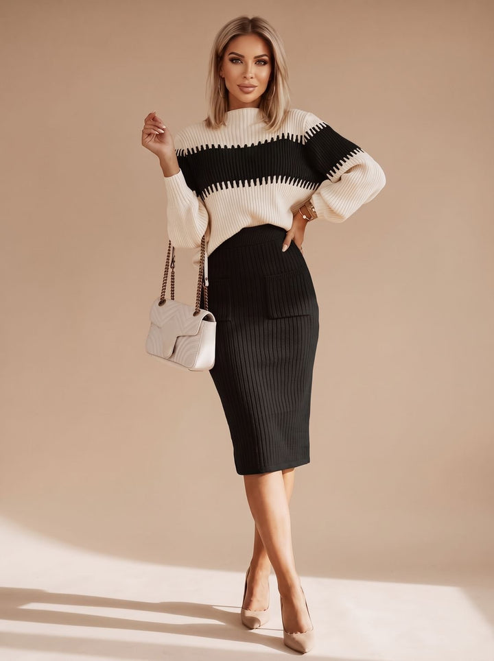 Damen Rollkragenpullover Set Zweiteiliges Twinset mit Geschlitztem Midi-Strickrock